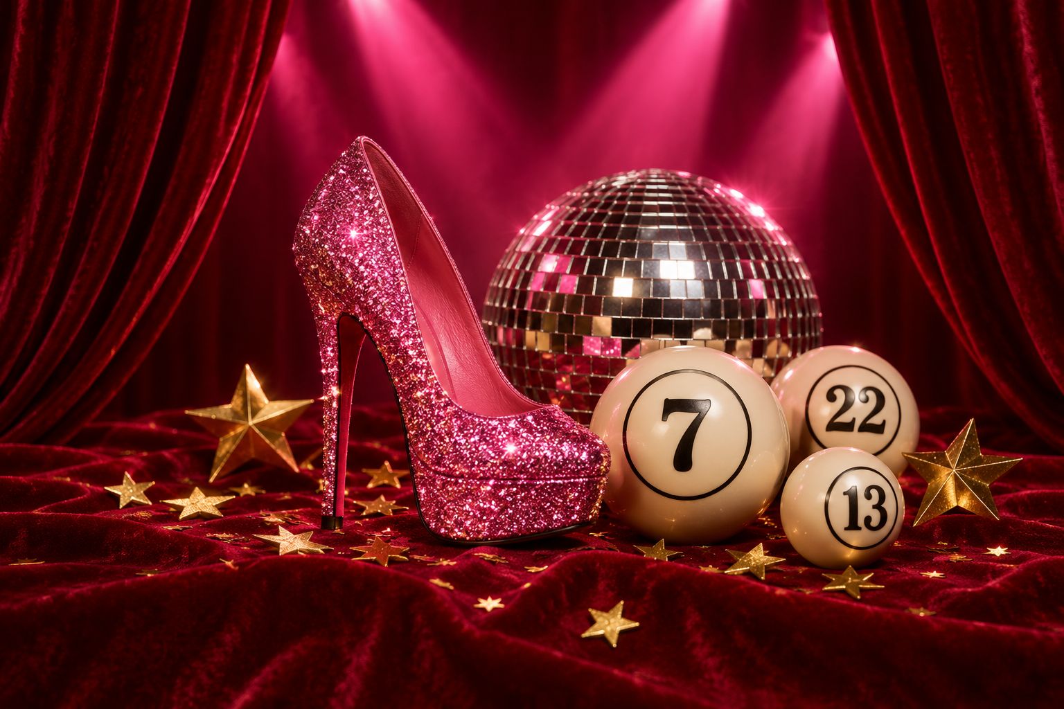 A sparkling pink heel, disco ball and bingo balls on a red velvet stage